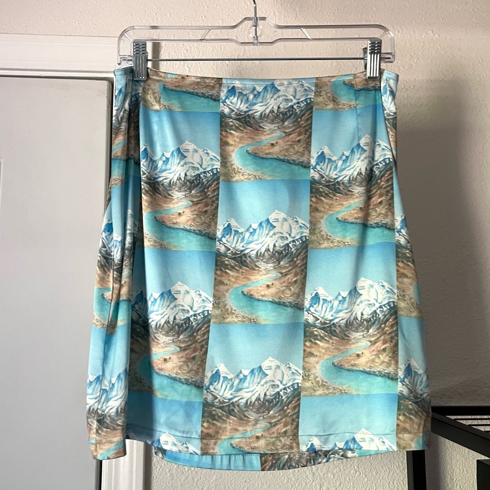 NWT MAISIE WILEN blue mountain scenic scenery‎ nature outdoor print mini skirt